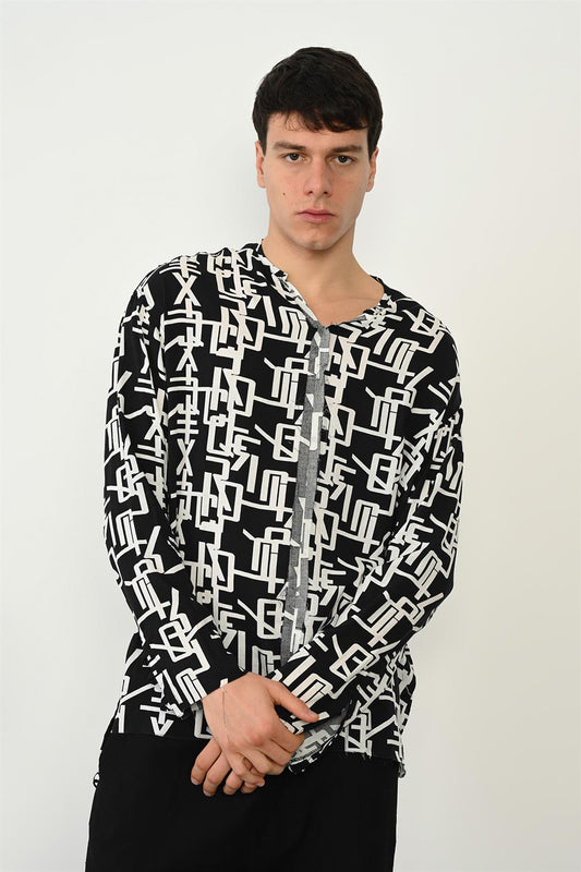R-3976 Men’s Raw Stitch Detail Long Sleeve Digital Print Buttonless Shirt