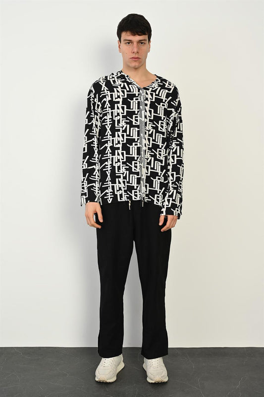 R-3976 Men’s Raw Stitch Detail Long Sleeve Digital Print Buttonless Shirt