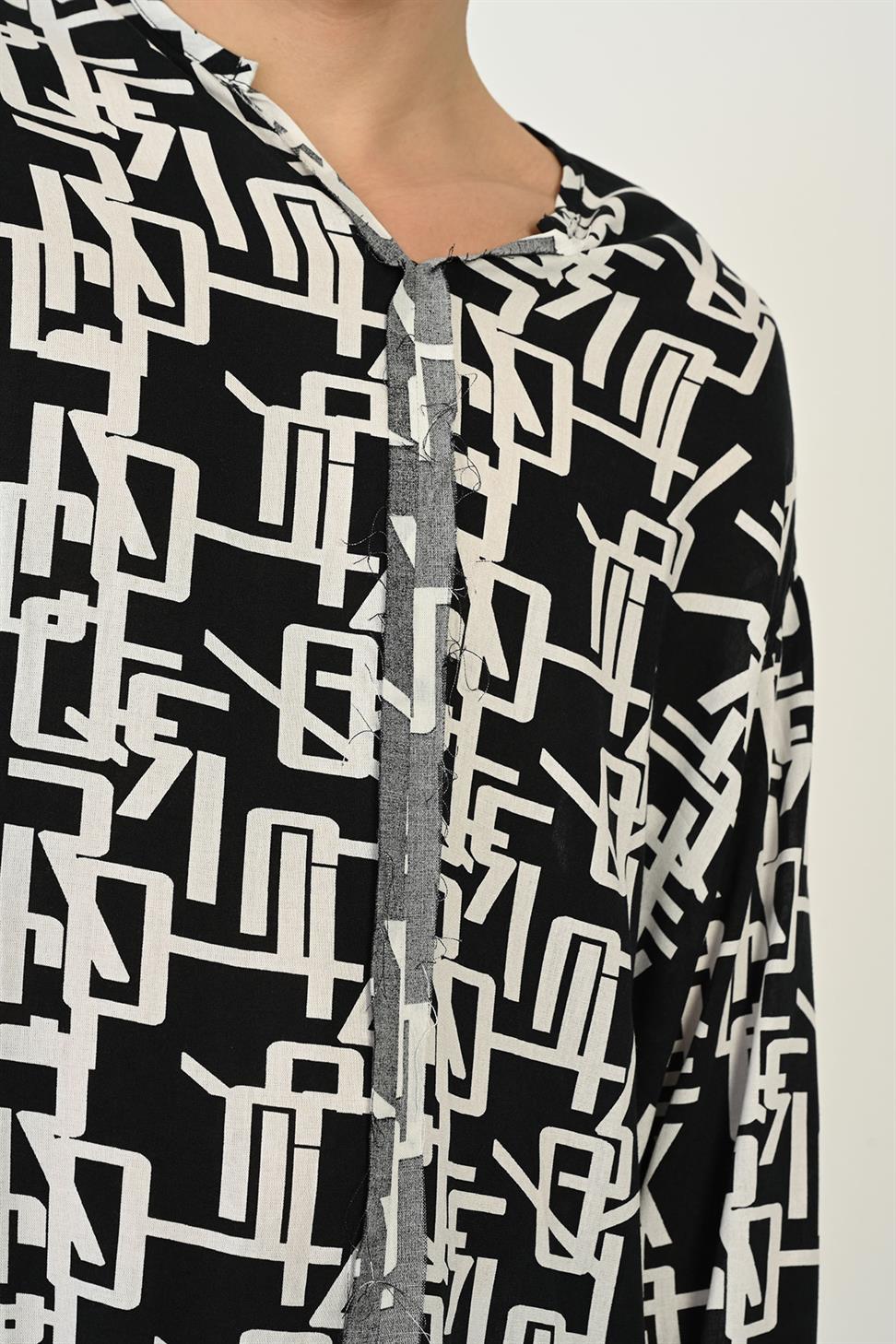 R-3976 Men’s Raw Stitch Detail Long Sleeve Digital Print Buttonless Shirt