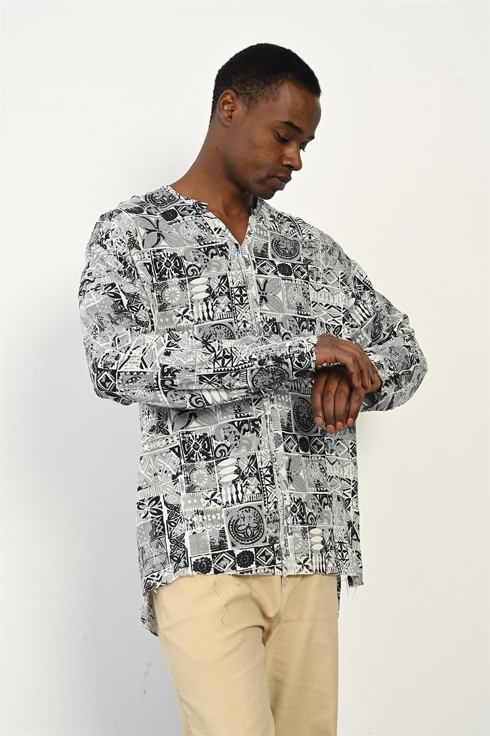 R-3976 Men’s Raw Stitch Detail Long Sleeve Digital Print Buttonless Shirt