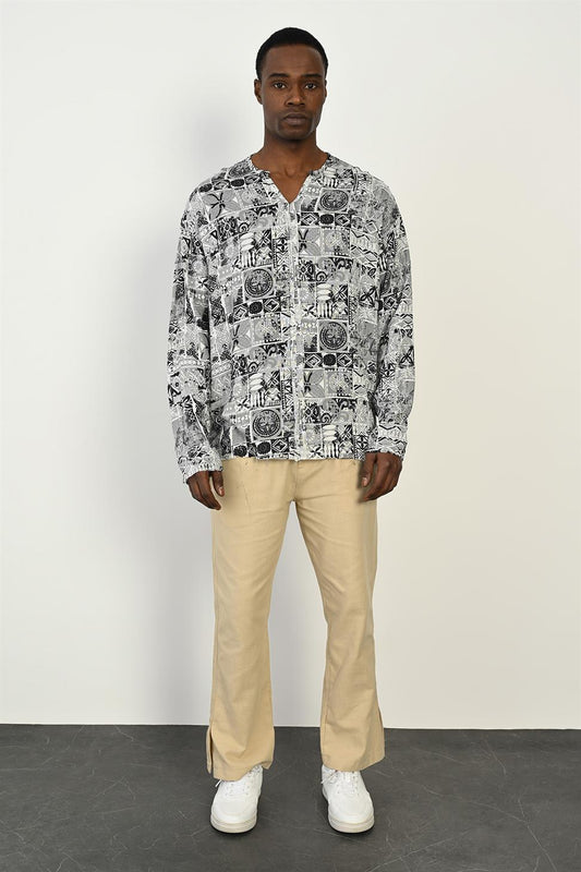 R-3976 Men’s Raw Stitch Detail Long Sleeve Digital Print Buttonless Shirt