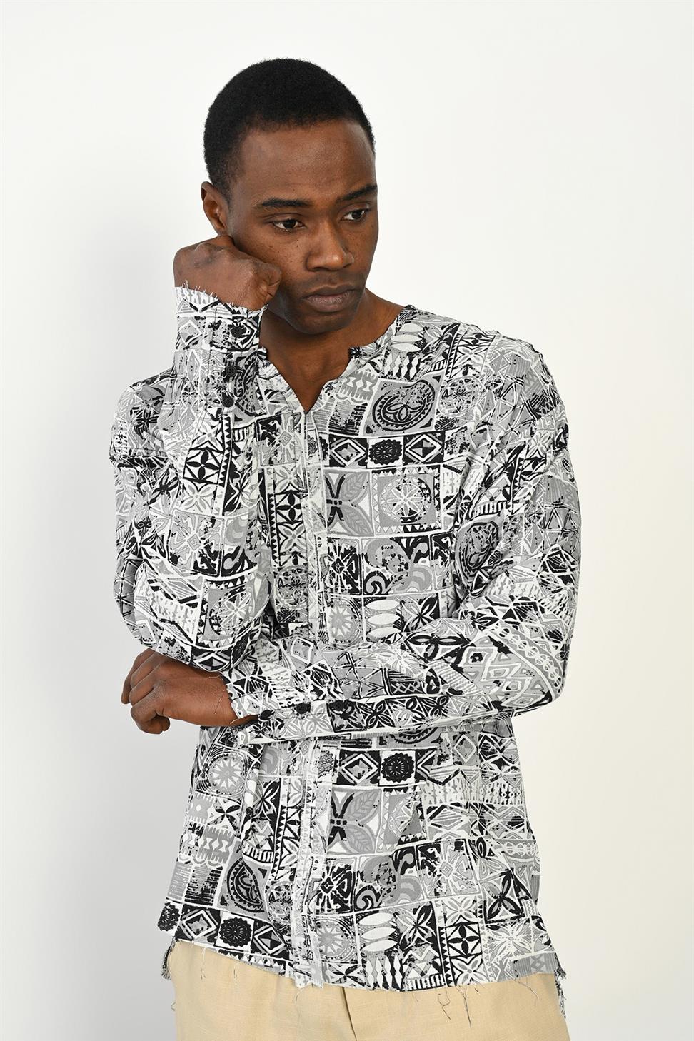 R-3976 Men’s Raw Stitch Detail Long Sleeve Digital Print Buttonless Shirt