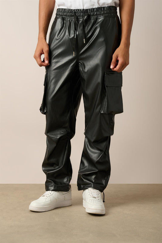 R-4348 Men’s Cargo Pocket Knee Detail Leather Pants – Black