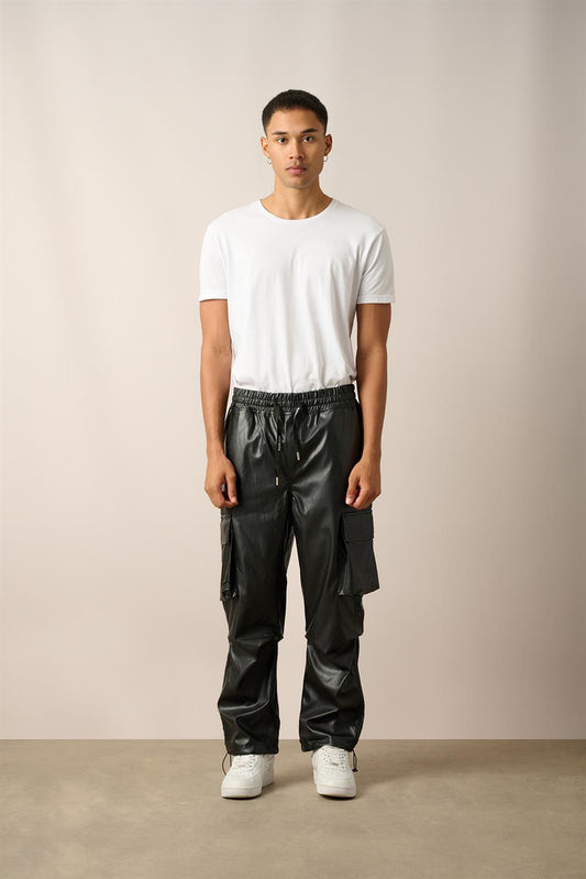 R-4348 Men’s Cargo Pocket Knee Detail Leather Pants – Black