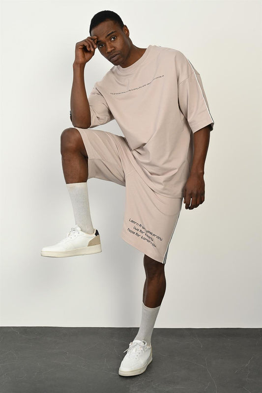 R-4368 Striped Detail T-Shirt & Shorts Two-Thread Set – Beige