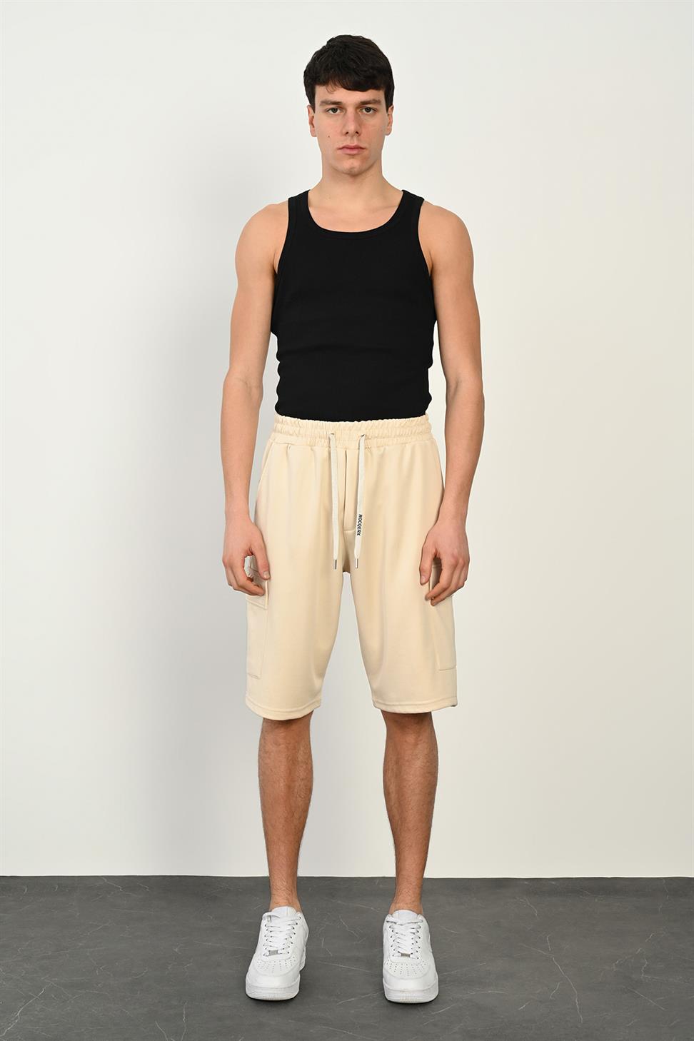 R-4374 Elastic Waist Cargo Pocket Scuba Shorts – Beige