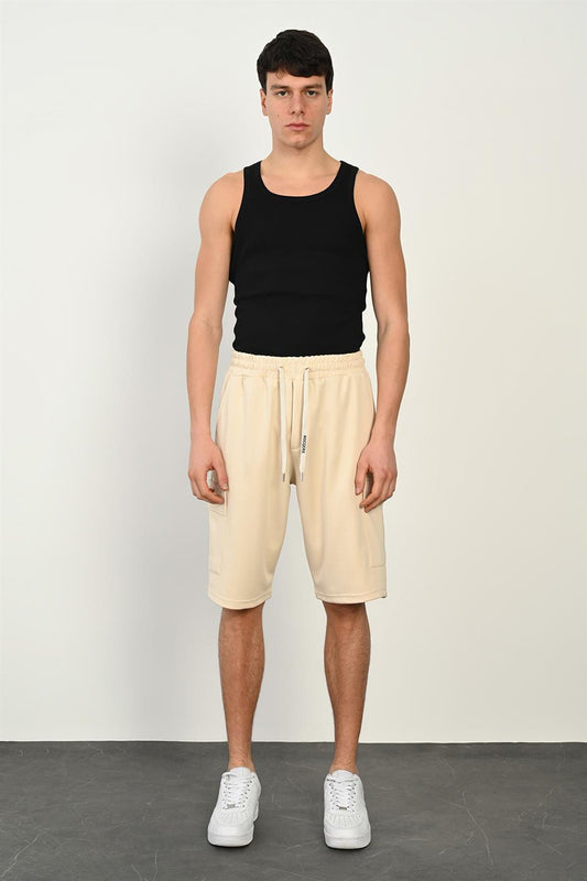 R-4374 Elastic Waist Cargo Pocket Scuba Shorts – Beige