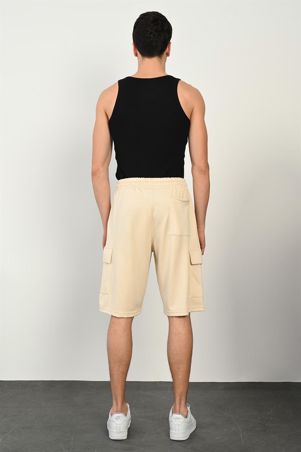R-4374 Elastic Waist Cargo Pocket Scuba Shorts – Beige
