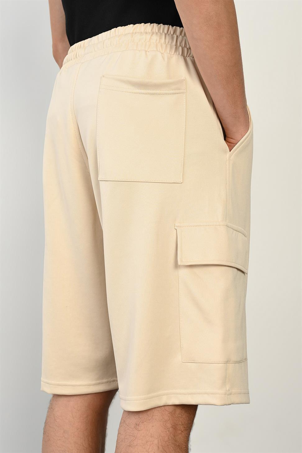 R-4374 Elastic Waist Cargo Pocket Scuba Shorts – Beige