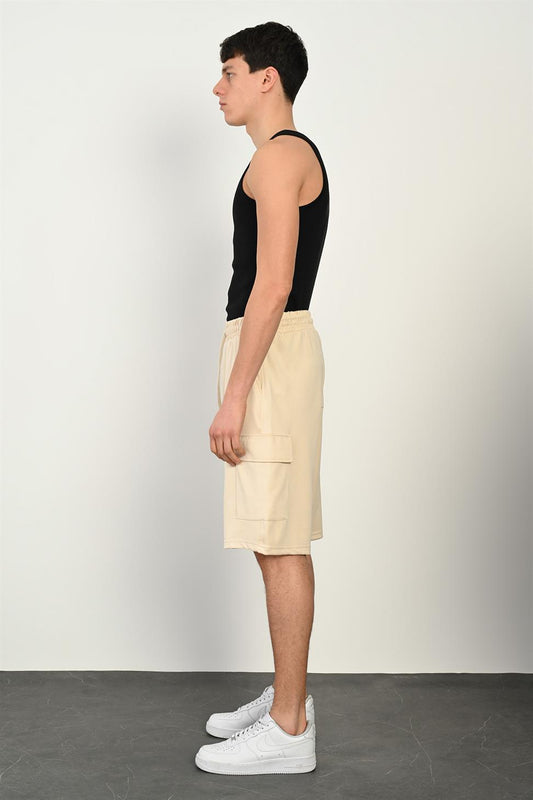 R-4374 Elastic Waist Cargo Pocket Scuba Shorts – Beige