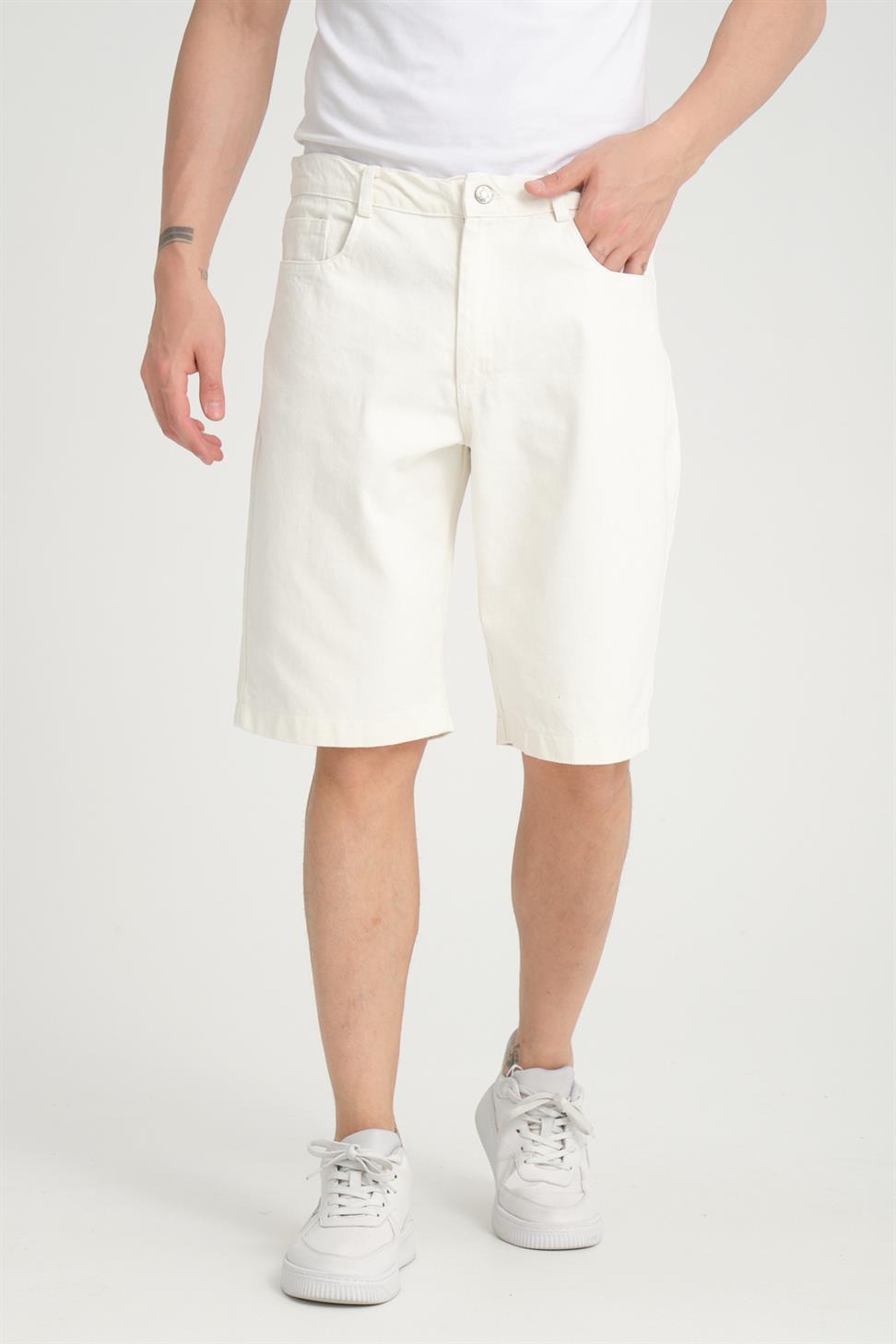 R-4387 Zippered Washed Denim Shorts – White