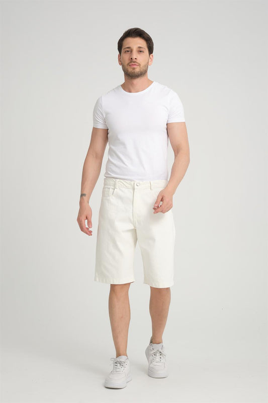 R-4387 Zippered Washed Denim Shorts – White