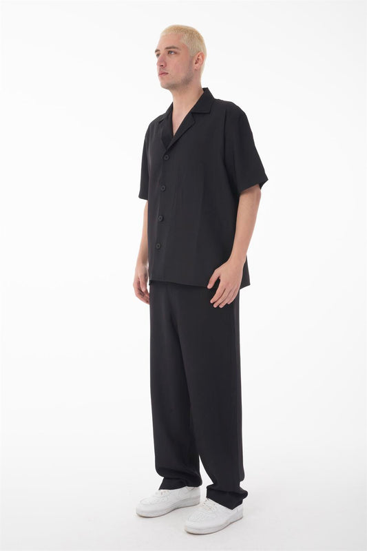 R-4422 R-4422 Men’s Short Sleeve Shirt & Zip-Up Trousers Set – Viscose Blend, Black Two-Piece Outfit