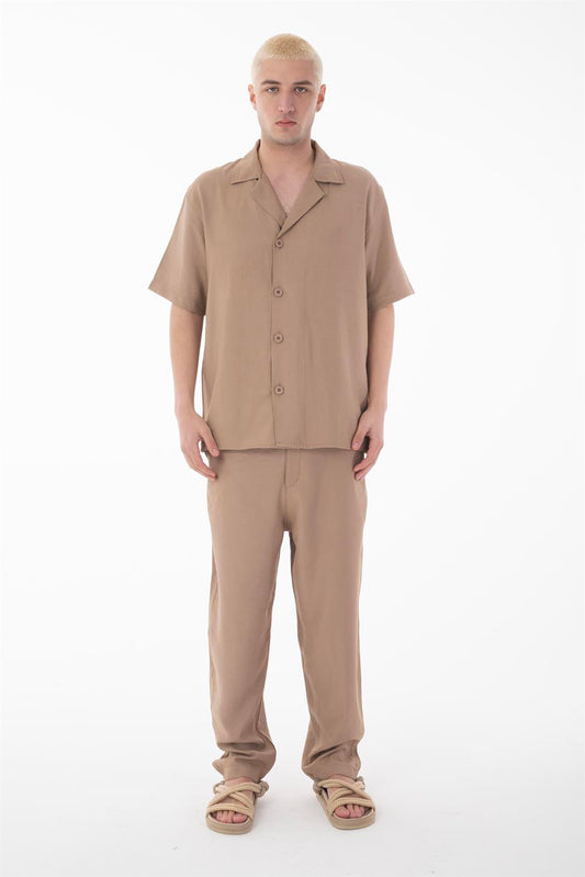R-4422 R-4422 Men’s Short Sleeve Shirt & Zip-Up Trousers Set – Viscose Blend, Beige Two-Piece Outfit