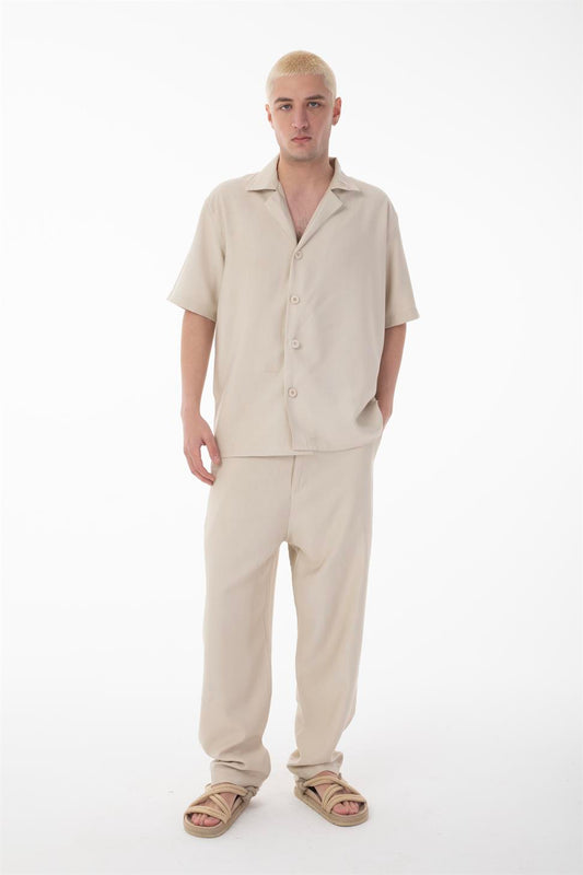 R-4422 R-4422 Men’s Short Sleeve Shirt & Zip-Up Trousers Set – Viscose Blend, Beige Two-Piece Outfit