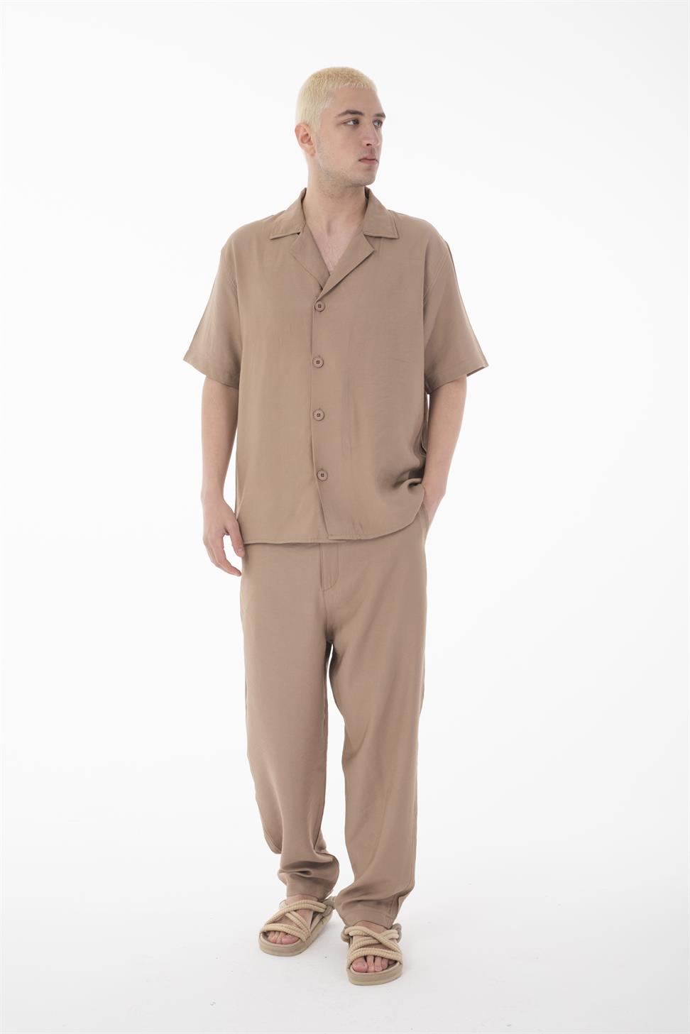 R-4422 R-4422 Men’s Short Sleeve Shirt & Zip-Up Trousers Set – Viscose Blend, Beige Two-Piece Outfit