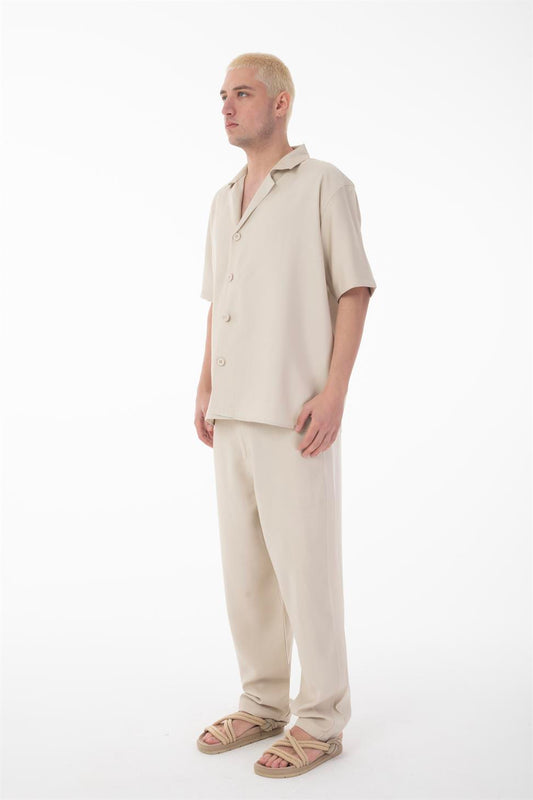 R-4422 R-4422 Men’s Short Sleeve Shirt & Zip-Up Trousers Set – Viscose Blend, Beige Two-Piece Outfit