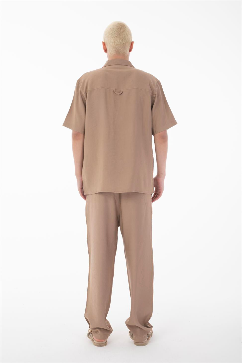 R-4422 R-4422 Men’s Short Sleeve Shirt & Zip-Up Trousers Set – Viscose Blend, Beige Two-Piece Outfit