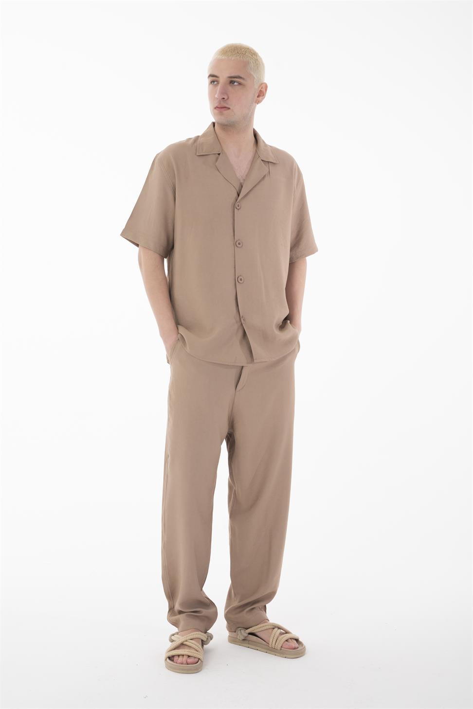 R-4422 R-4422 Men’s Short Sleeve Shirt & Zip-Up Trousers Set – Viscose Blend, Beige Two-Piece Outfit