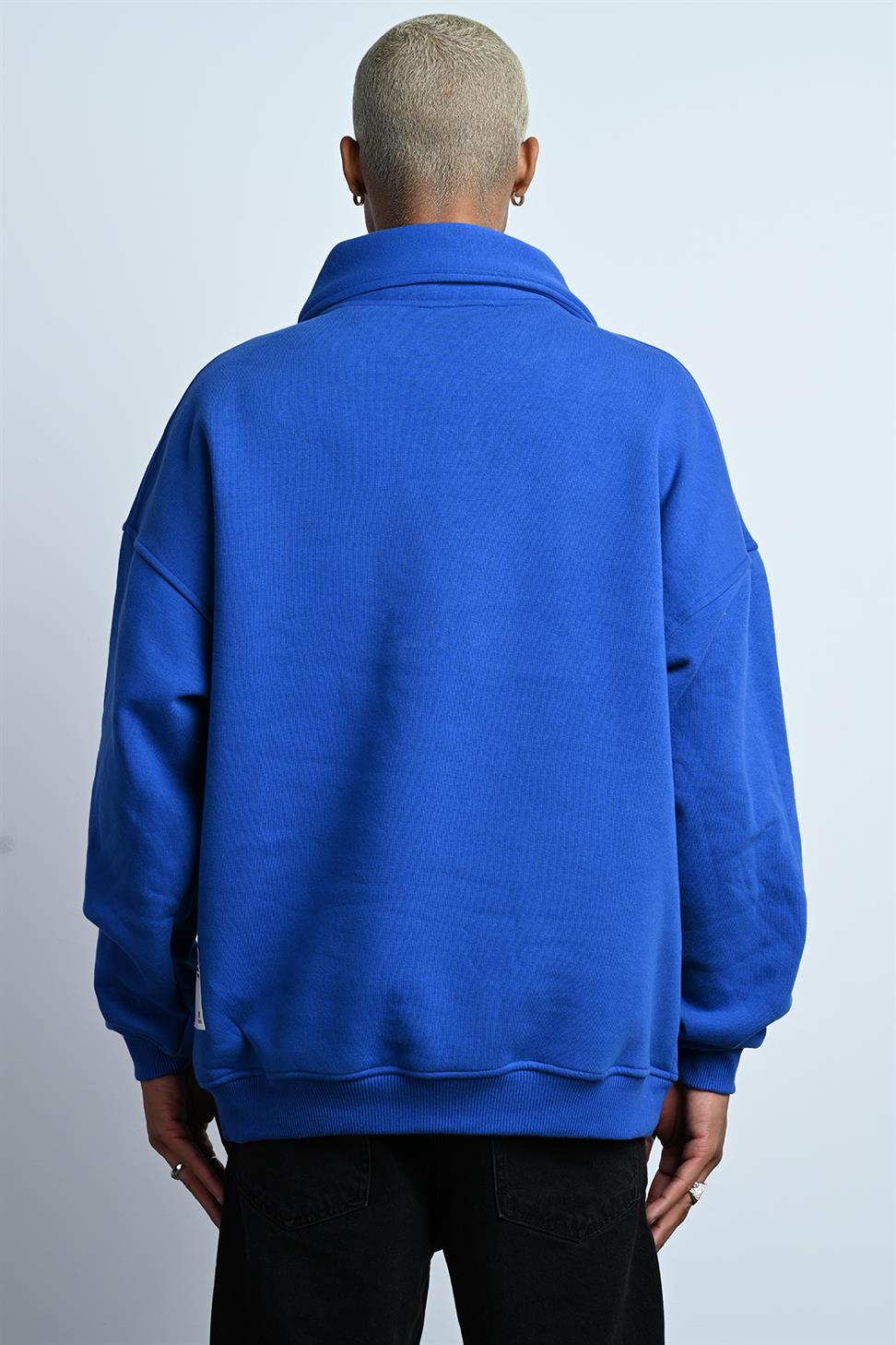 R-5672 Erkek Kanguru Cep Yarım Fermuar Detaylı 3 İplik Sweat