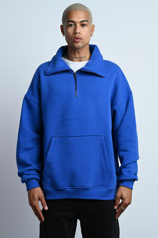 R-5672 Erkek Kanguru Cep Yarım Fermuar Detaylı 3 İplik Sweat