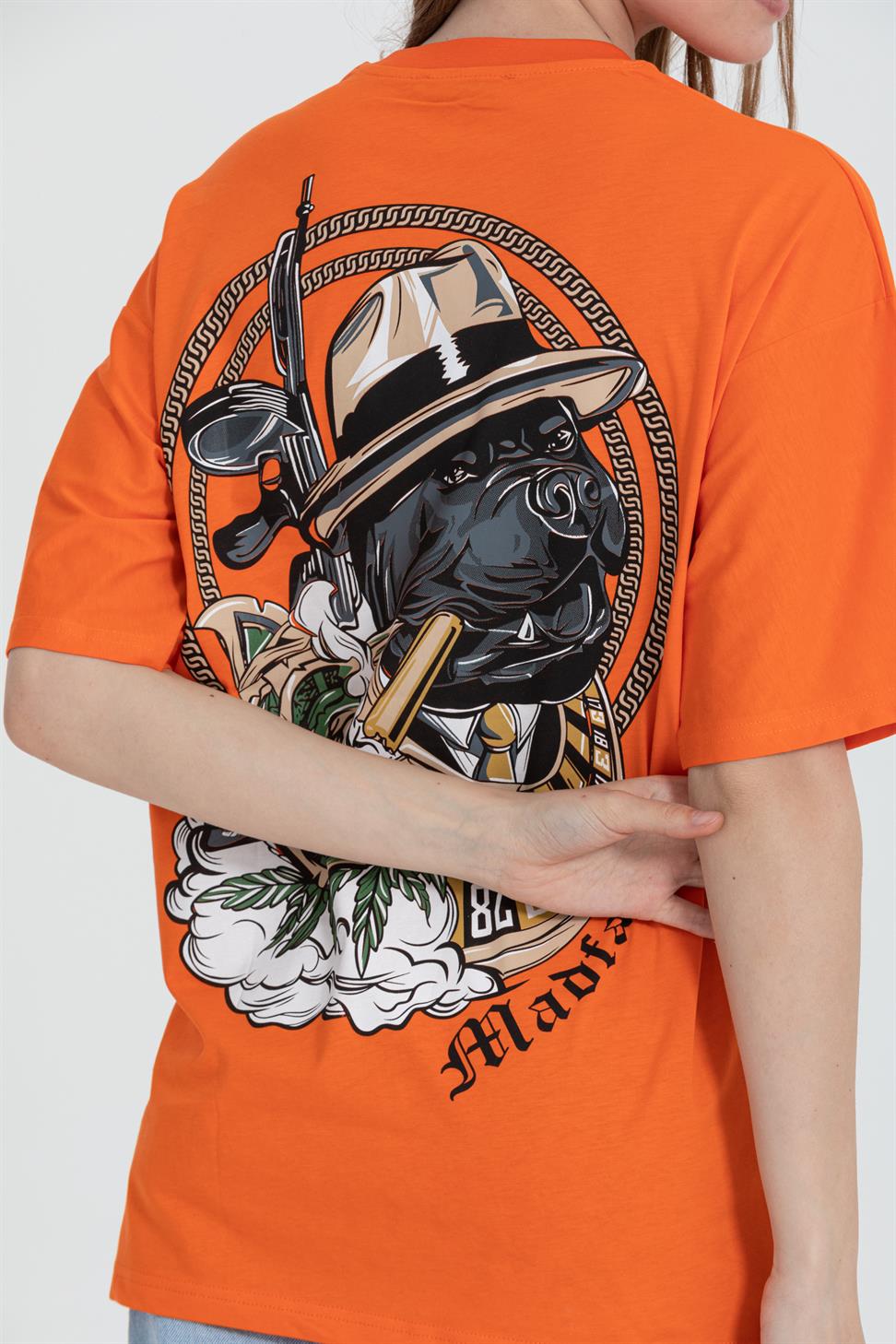 R-5722 Bisiklet Yaka Köpek Baskılı Oversize T-shırt