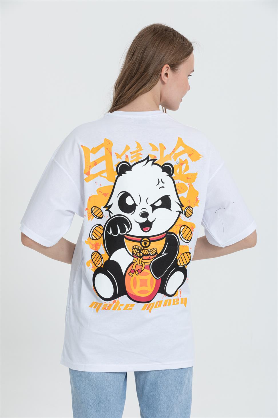 R-5724 Bisiklet Yaka Panda Baskılı Oversize T-shırt