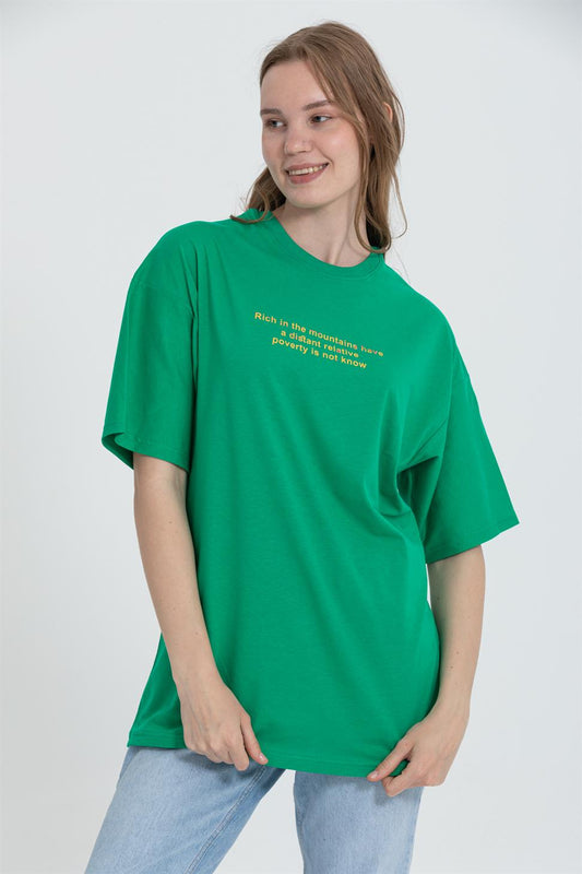 R-5724 Bisiklet Yaka Panda Baskılı Oversize T-shırt