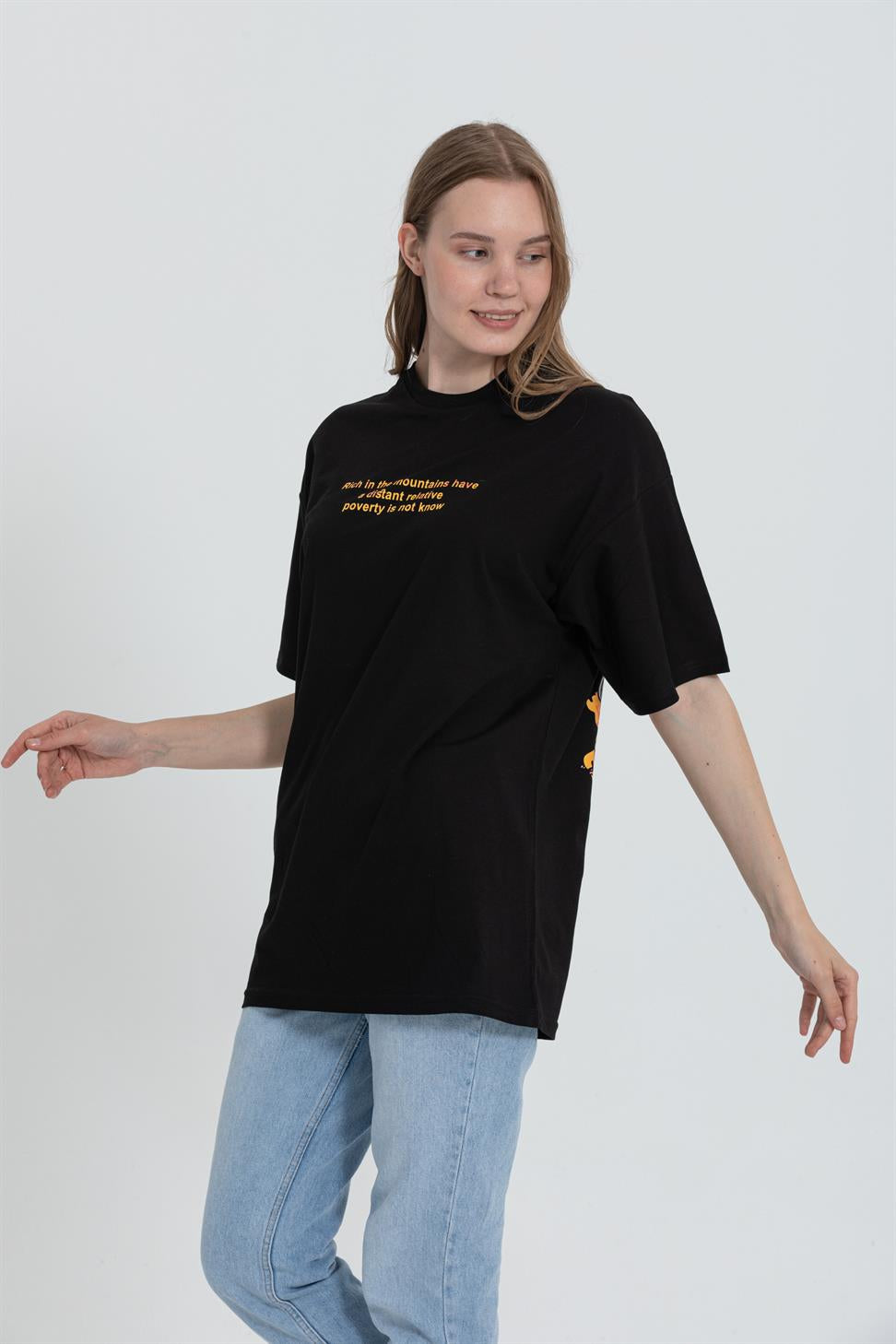 R-5724 Bisiklet Yaka Panda Baskılı Oversize T-shırt