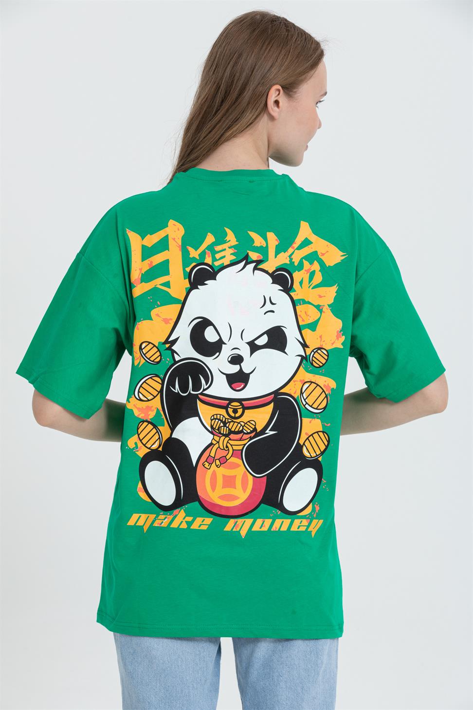 R-5724 Bisiklet Yaka Panda Baskılı Oversize T-shırt