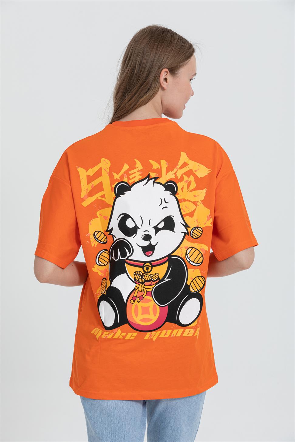 R-5724 Bisiklet Yaka Panda Baskılı Oversize T-shırt