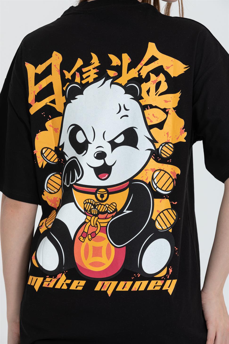 R-5724 Bisiklet Yaka Panda Baskılı Oversize T-shırt