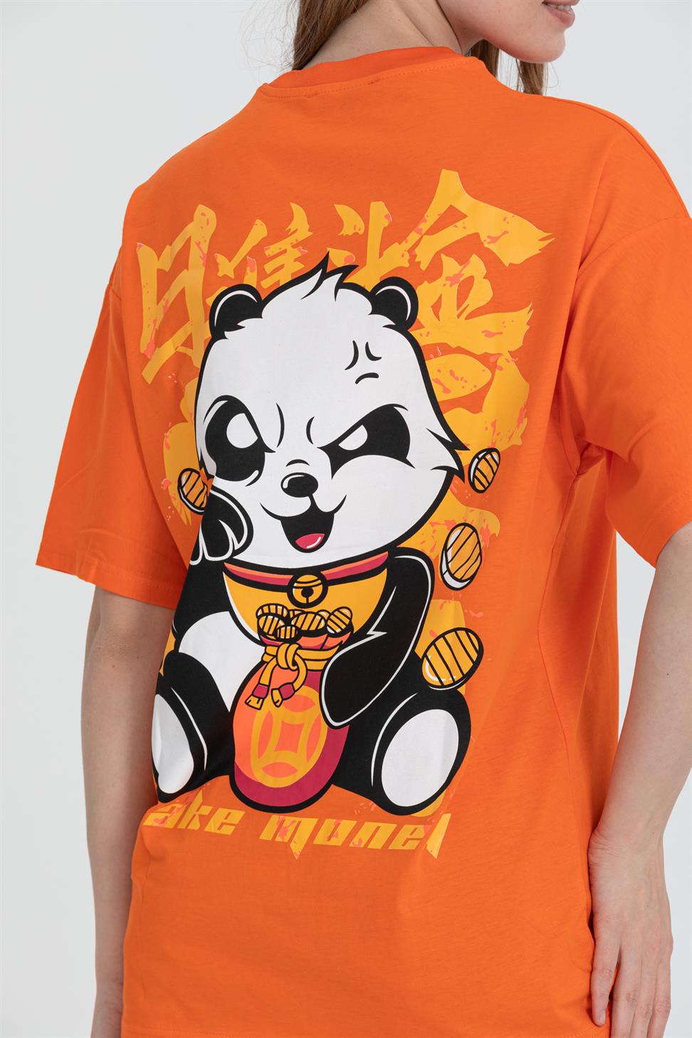 R-5724 Bisiklet Yaka Panda Baskılı Oversize T-shırt