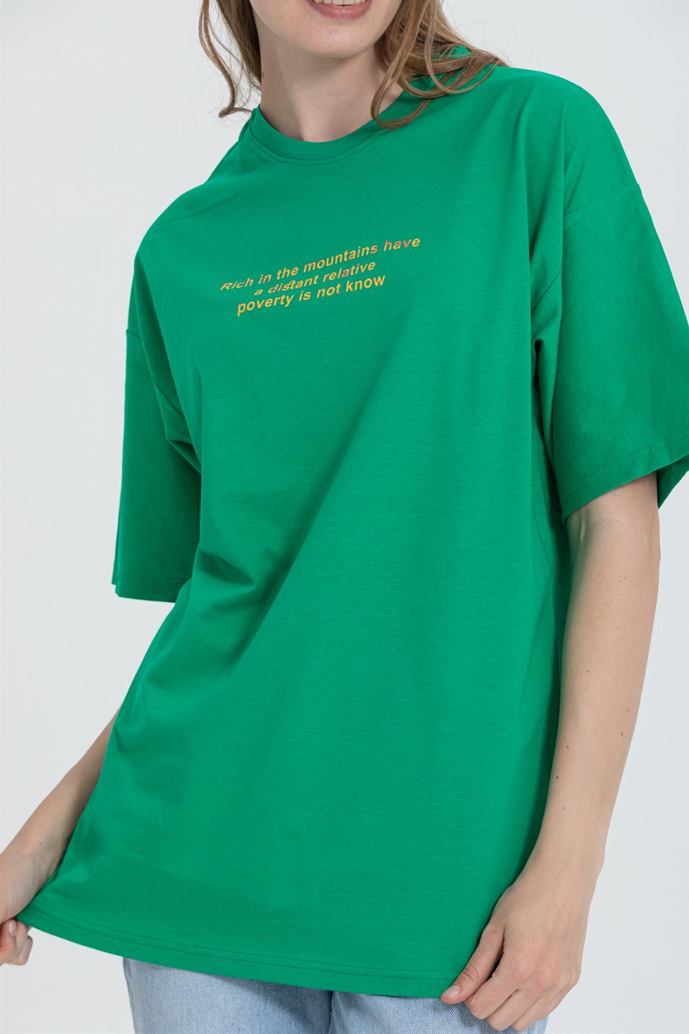 R-5724 Bisiklet Yaka Panda Baskılı Oversize T-shırt