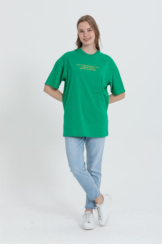R-5724 Bisiklet Yaka Panda Baskılı Oversize T-shırt