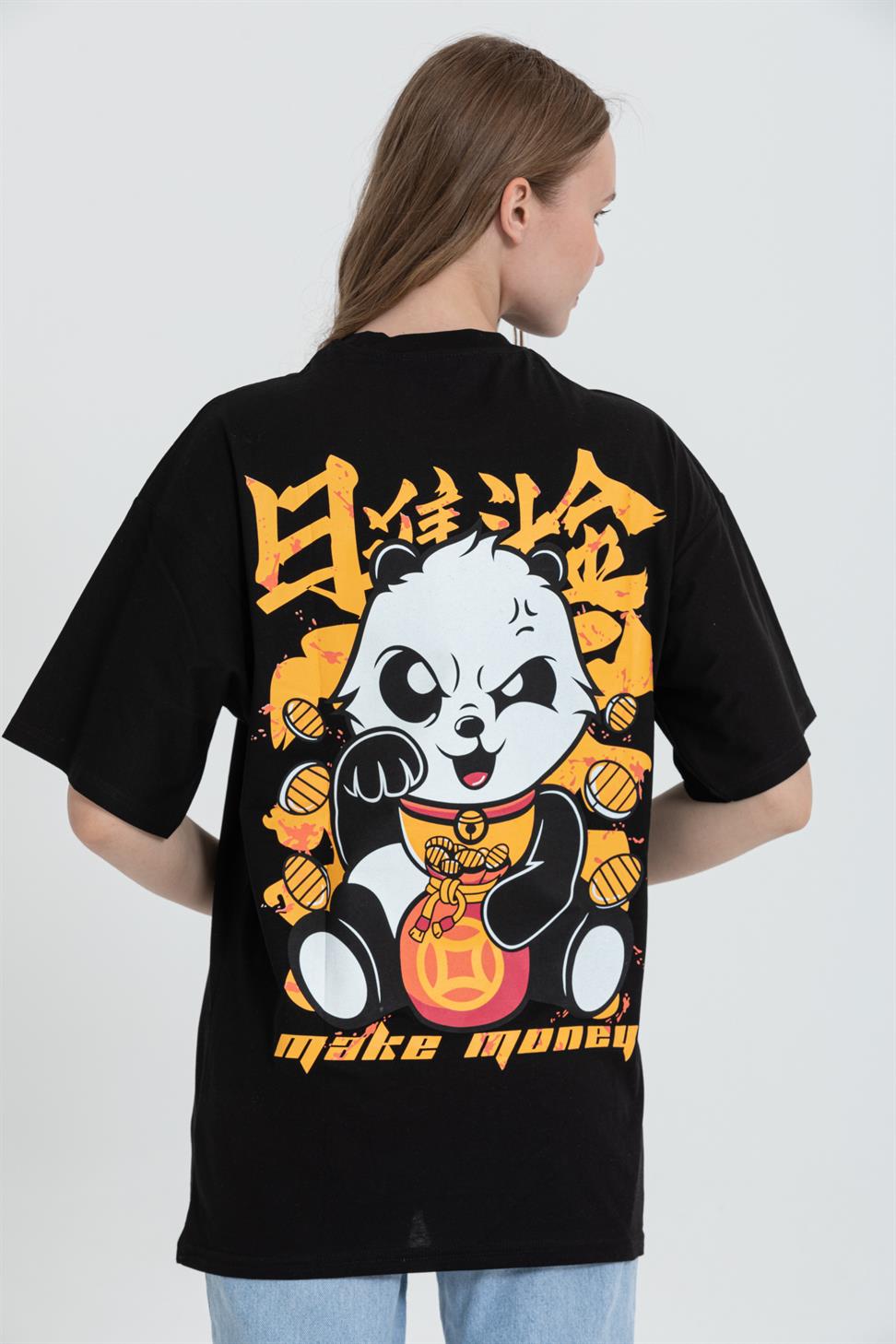 R-5724 Bisiklet Yaka Panda Baskılı Oversize T-shırt