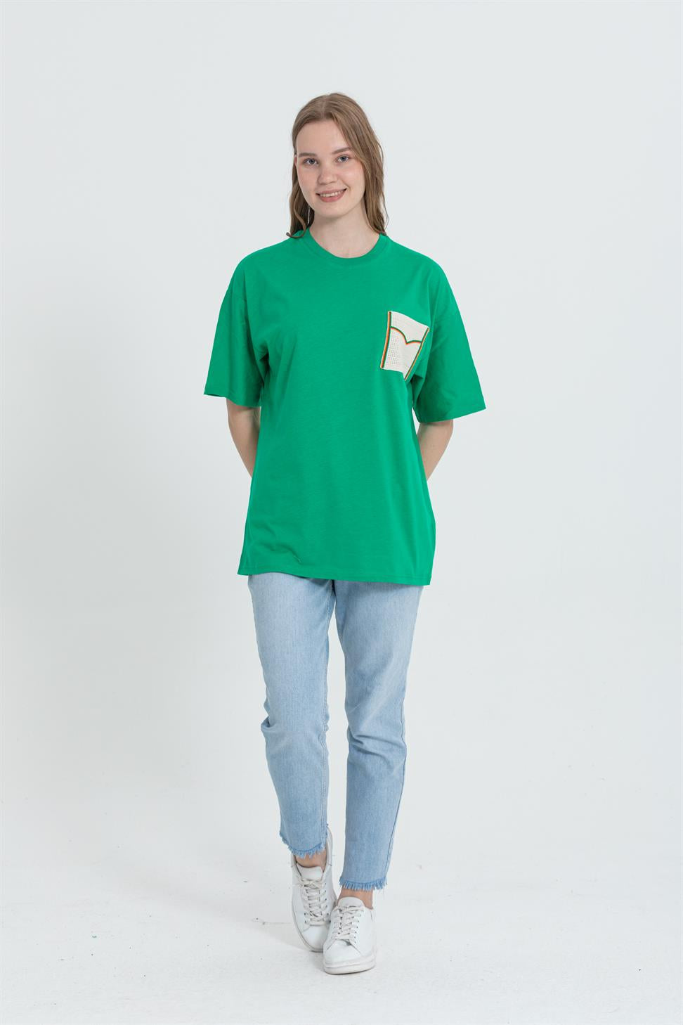 R-5729 Bisiklet Yaka Dantel Cep Detaylı Oversize T-shırt