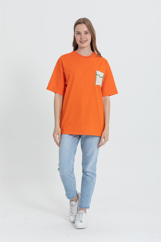 R-5729 Bisiklet Yaka Dantel Cep Detaylı Oversize T-shırt