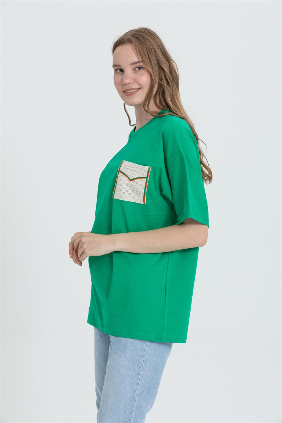 R-5729 Bisiklet Yaka Dantel Cep Detaylı Oversize T-shırt