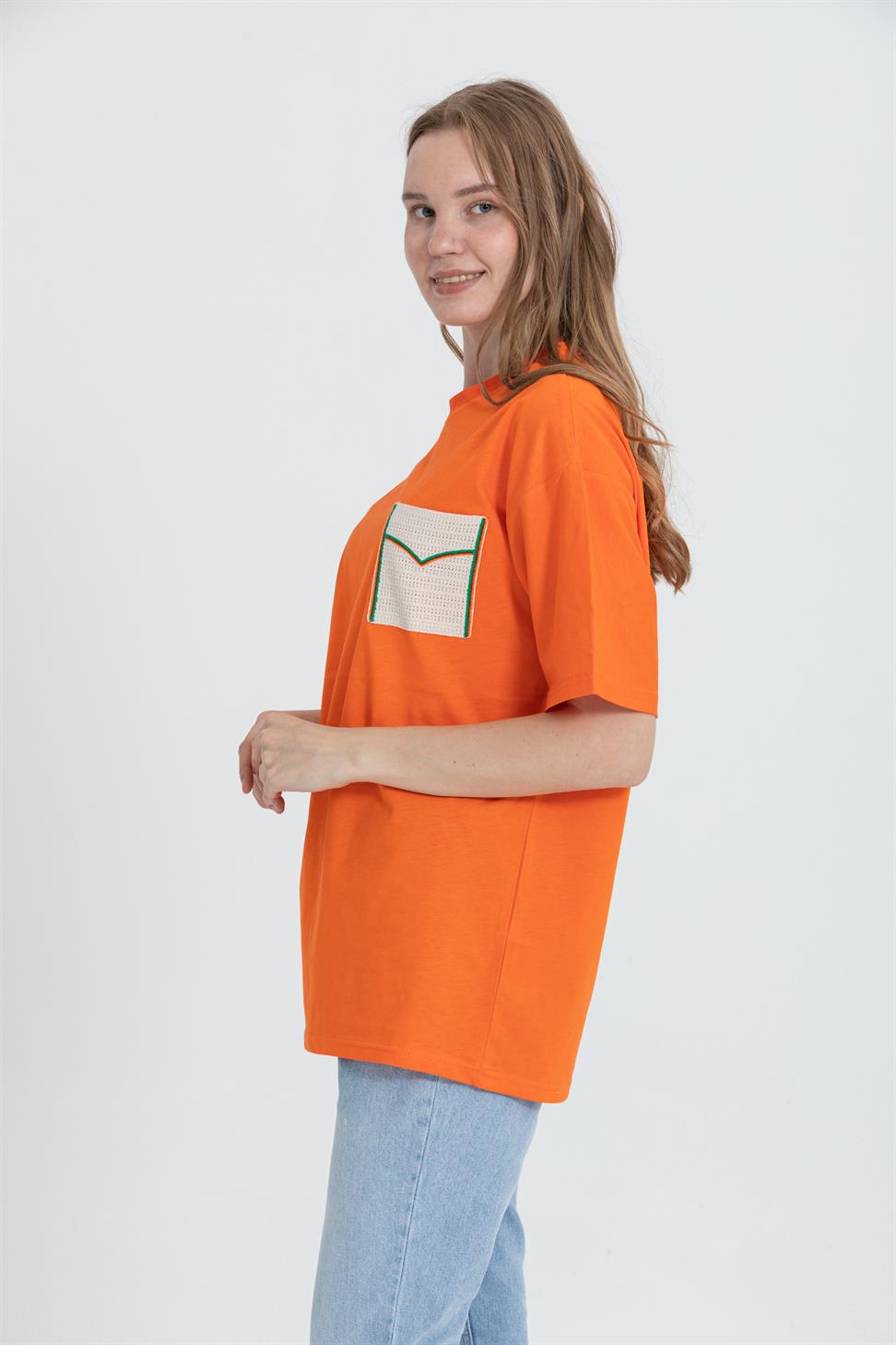 R-5729 Bisiklet Yaka Dantel Cep Detaylı Oversize T-shırt
