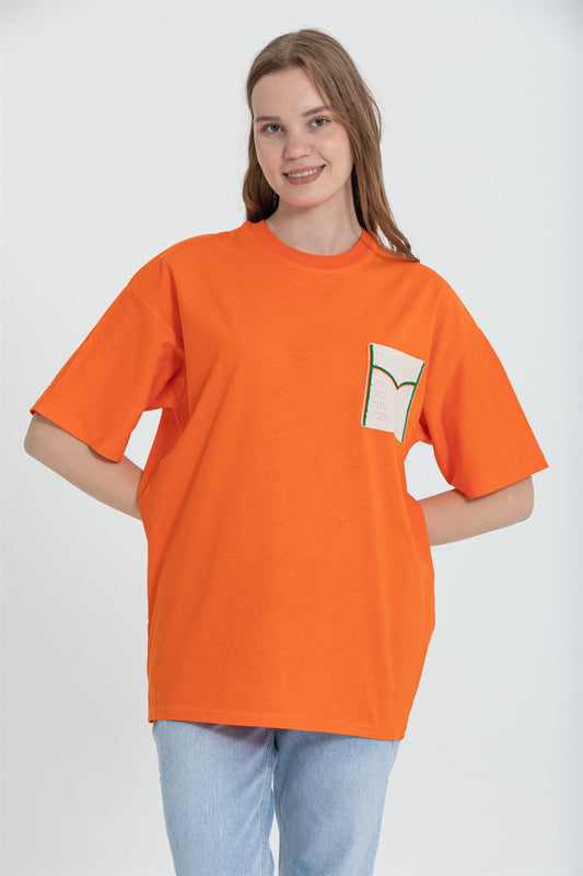 R-5729 Bisiklet Yaka Dantel Cep Detaylı Oversize T-shırt
