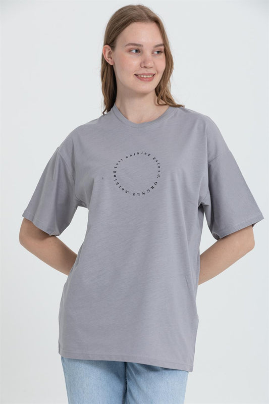 R-5737 Bisiklet Yaka Oversize Arka Panter Baskılı T-shırt