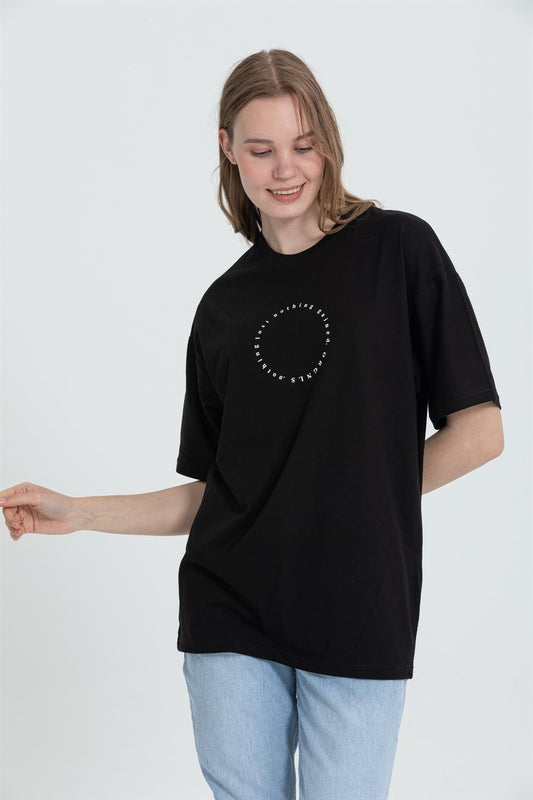 R-5737 Bisiklet Yaka Oversize Arka Panter Baskılı T-shırt