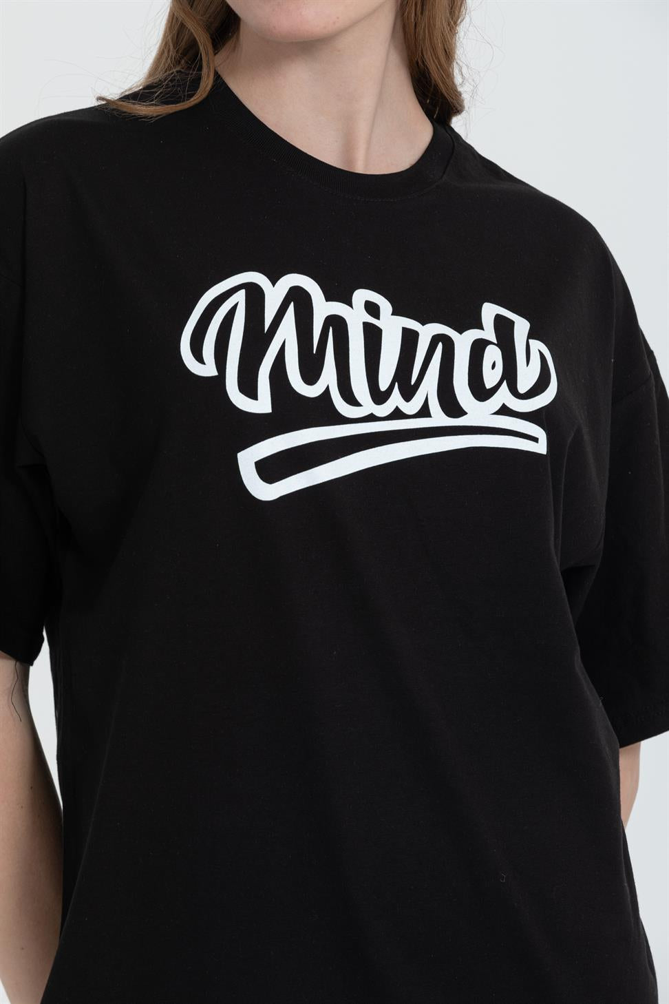 R-5738 Bisiklet Yaka Oversize Mind Baskılı T-shirt