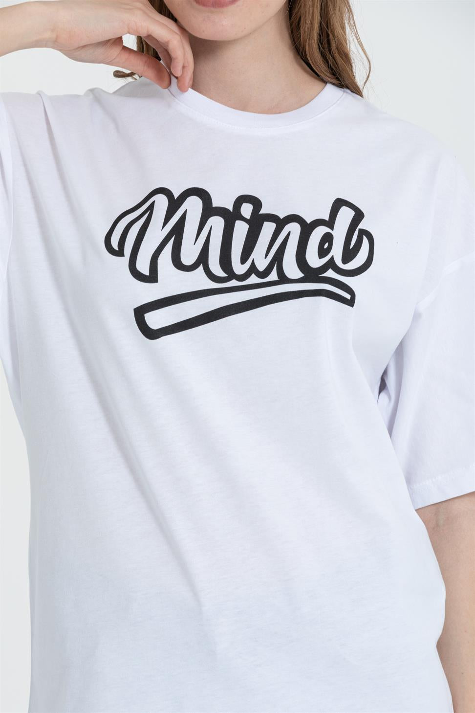 R-5738 Bisiklet Yaka Oversize Mind Baskılı T-shirt