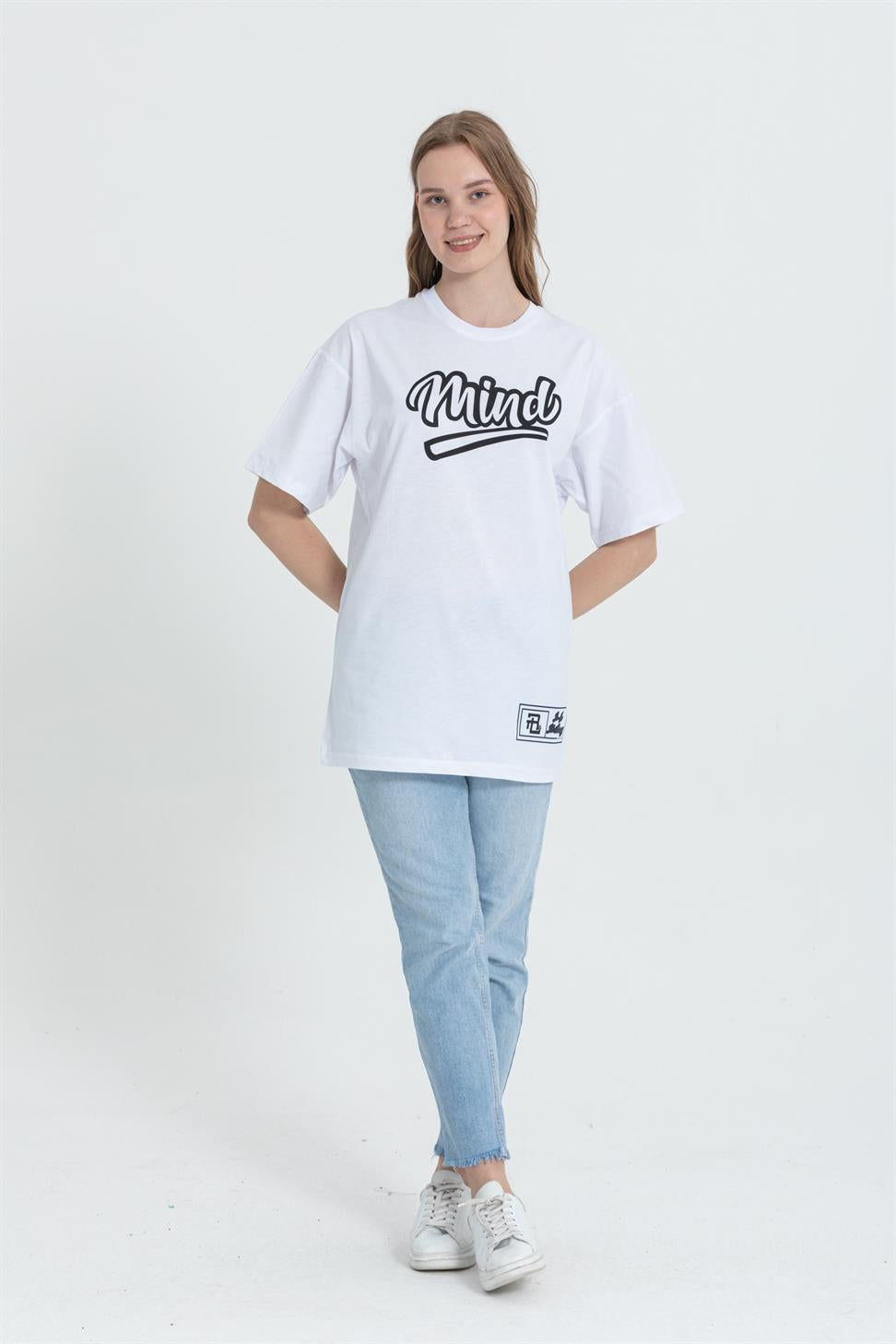 R-5738 Bisiklet Yaka Oversize Mind Baskılı T-shirt