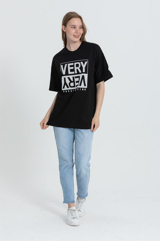 R-5739 Bisiklet Yaka Very Baskılı Oversize T-shırt