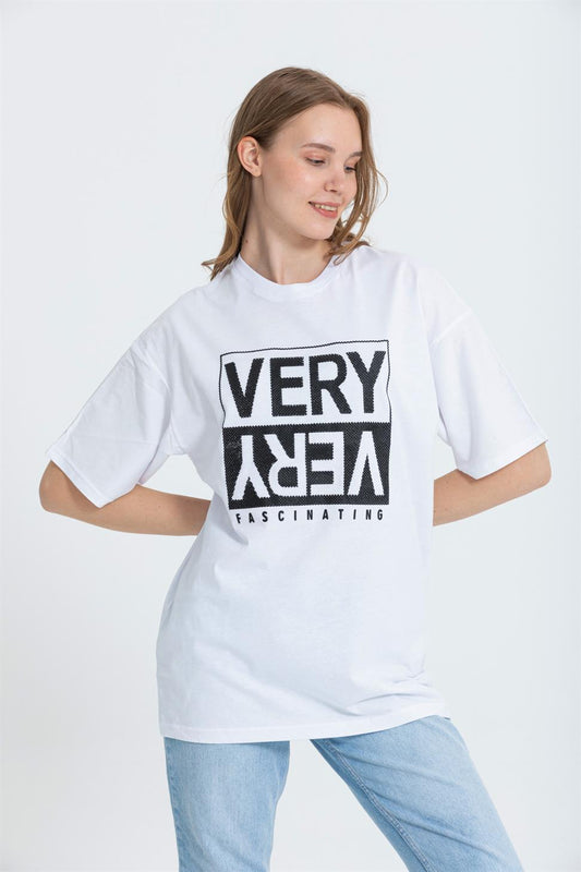 R-5739 Bisiklet Yaka Very Baskılı Oversize T-shırt