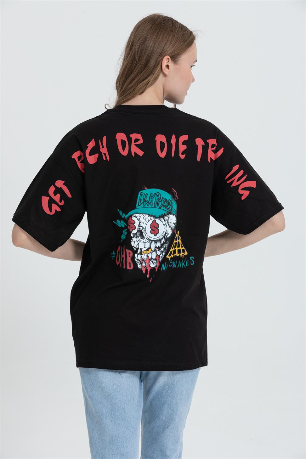 R-5741 Bisiklet Yaka Oversize Arka Kuru Kafa Baskılı T-shirt
