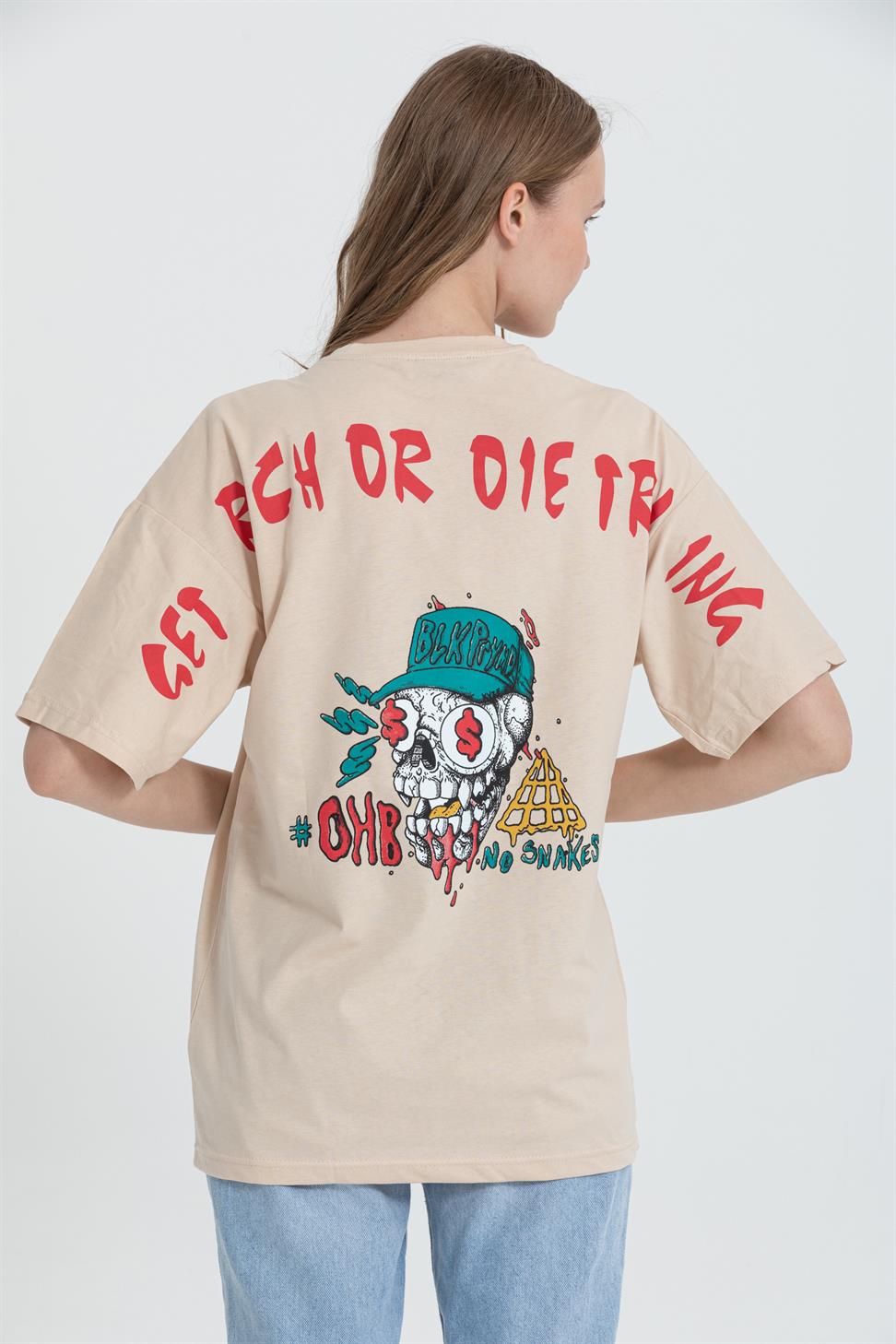 R-5741 Bisiklet Yaka Oversize Arka Kuru Kafa Baskılı T-shirt